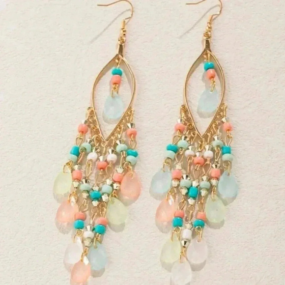 Multicolor peach turquoise light green beaded dangle drop earrings spring summer - Picture 3 of 3